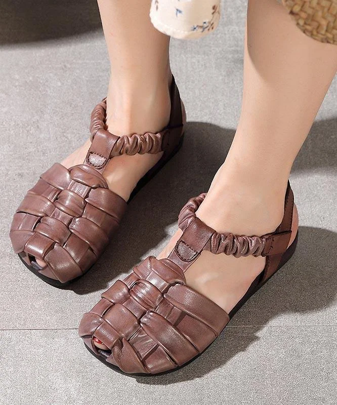 Fitted Flat Sandals Brown Cowhide Leather