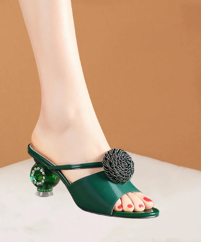 Genuine Leather Sandals Green Splicing Peep Toe Floral Zircon