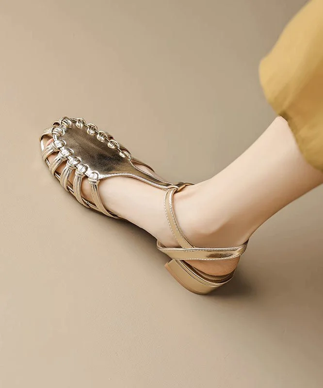 Gold Hollow Out Buckle Strap Splicing Chunky Sandals Faux Leather