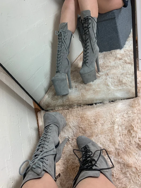 Grey suede 8 inch mid calf boots