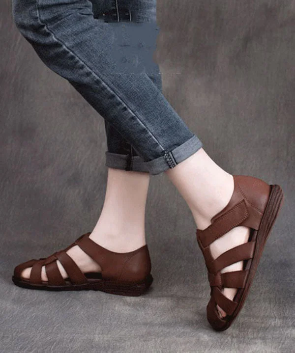 Handmade Cowhide Leather Splicing Coffee Walking Sandals