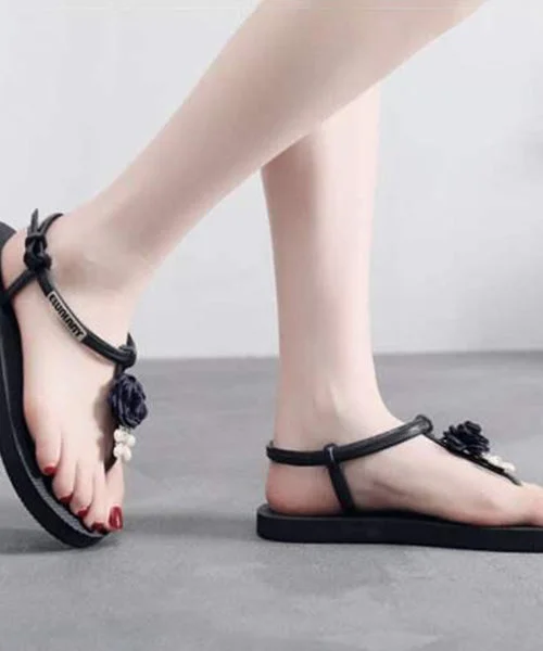 Navy Best Flat Beach Sandals Splicing Floral Buckle Strap