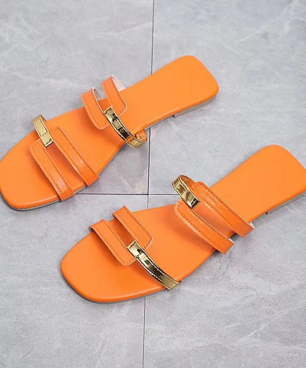 Orange Faux Leather Peep Toe Splicing Flats Slide Sandals