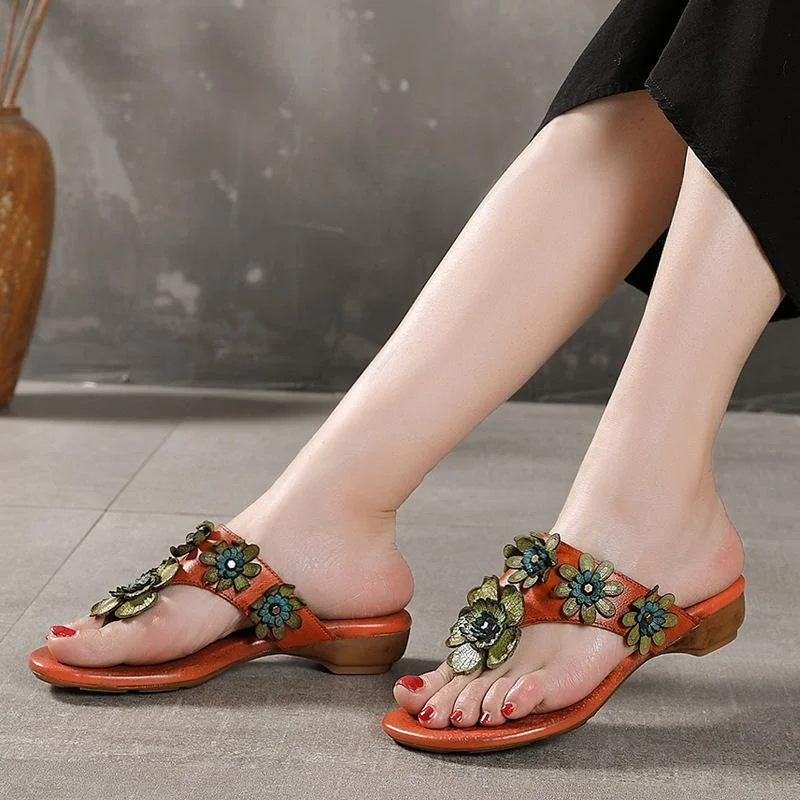 Orange Floral Cowhide Leather Thong Flip Flops