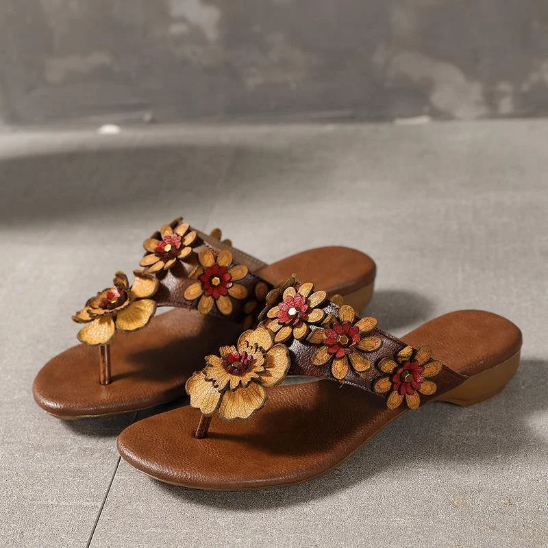 Orange Floral Cowhide Leather Thong Flip Flops