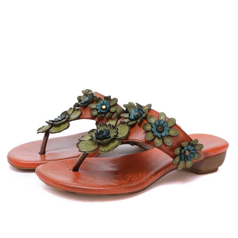 Orange Floral Cowhide Leather Thong Flip Flops