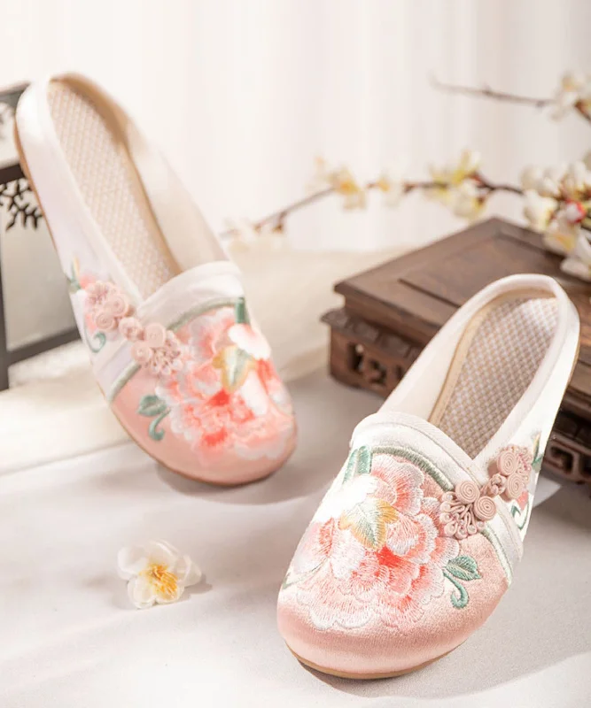 Pink Embroidered Slide Sandals Handmade Splicing Cotton Fabric