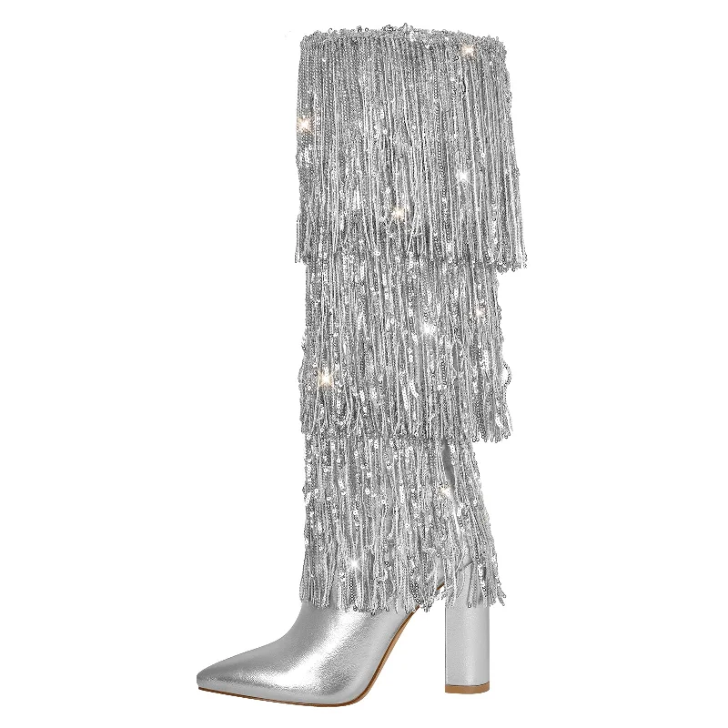 Pointed Toe Chunky Heel Fringe Sequin Boots