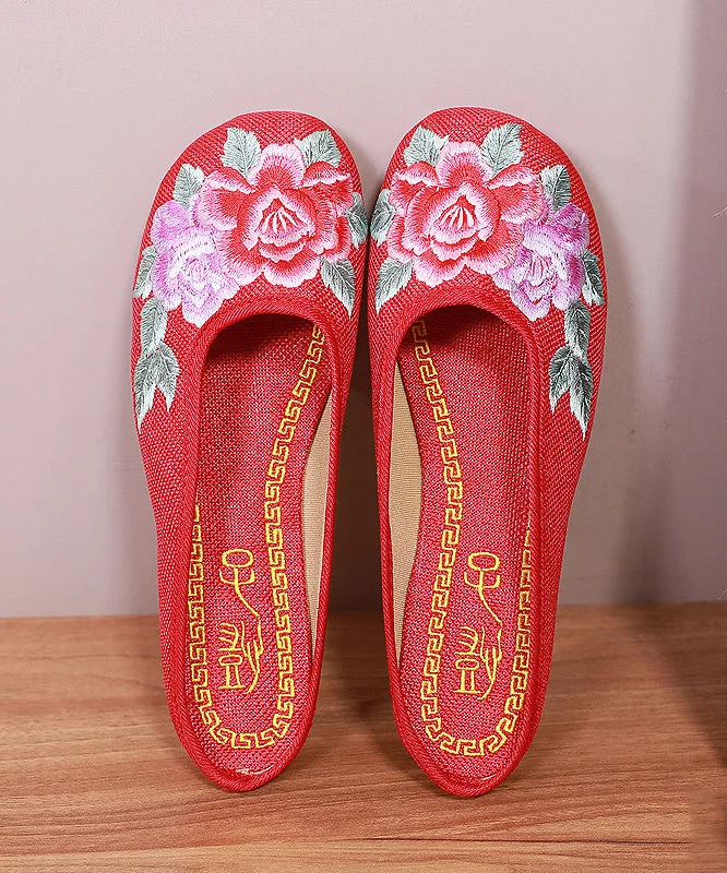 Red Slide Sandals Floral Embroidered Linen Fabric Slides For Women