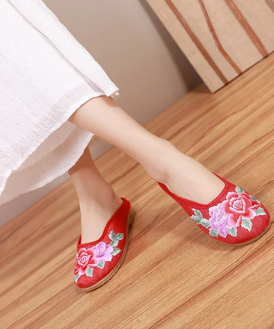 Red Slide Sandals Floral Embroidered Linen Fabric Slides For Women