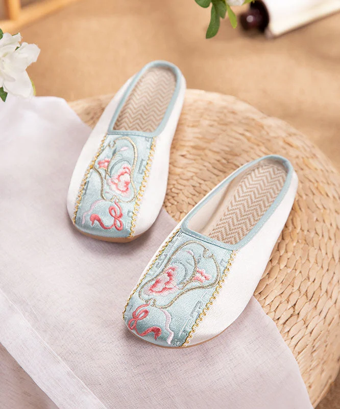 Retro Splicing Embroidered Flat Slide Sandals Light Green Cotton Fabric