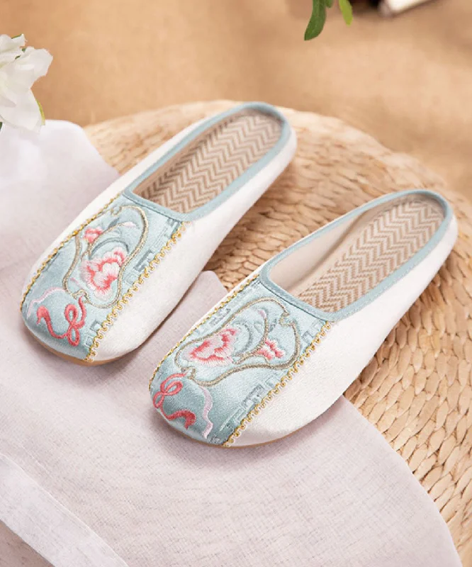 Retro Splicing Embroidered Flat Slide Sandals Light Green Cotton Fabric