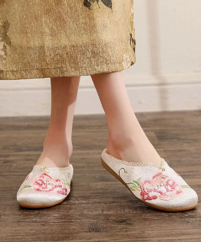 Retro Splicing Slide Sandals White Cotton Fabric Embroidered Nail Bead