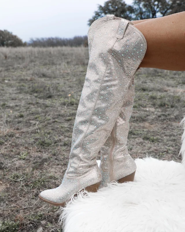 River Champagne Rhinestone Tall Boots