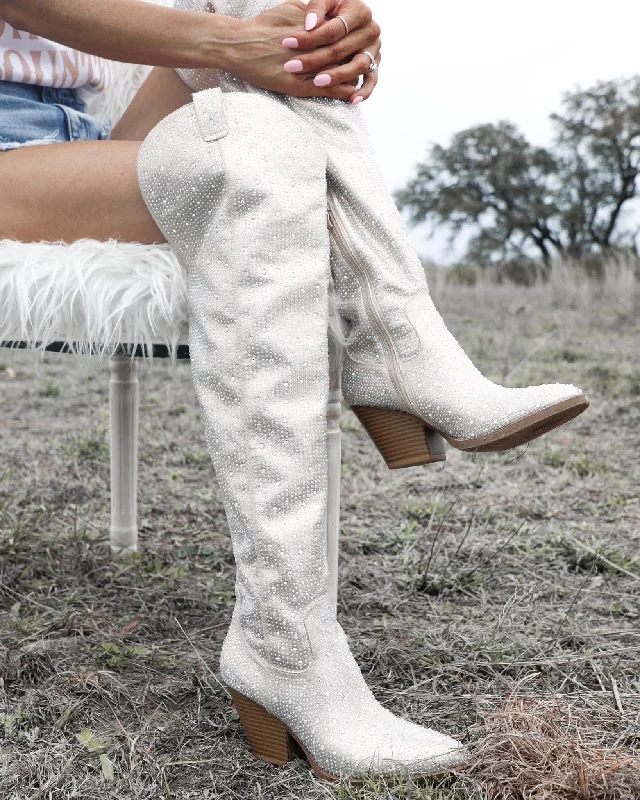 River Champagne Rhinestone Tall Boots