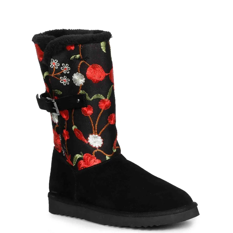 Gloire Buckle Décor Floral Embroidery Snug Boots