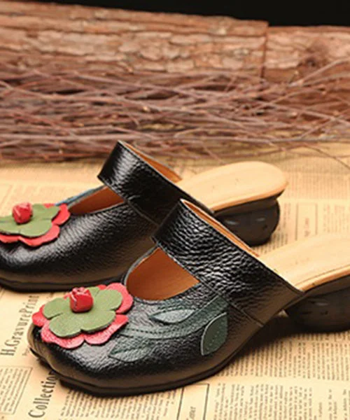 Soft Splicing Chunky Black Cowhide Leather Slide Sandals