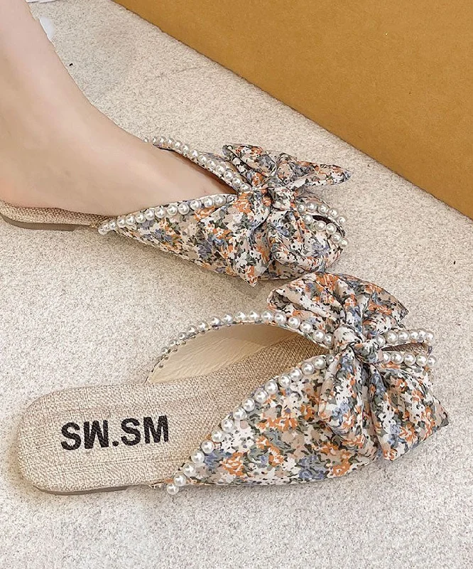 Soft Splicing Print Bow Nail Bead Orange Cotton Fabric Slide Sandals