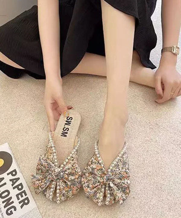 Soft Splicing Print Bow Nail Bead Orange Cotton Fabric Slide Sandals