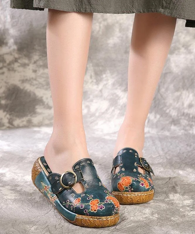 Unique Embossed Platform Slippers Shoes Blue Cowhide Leather