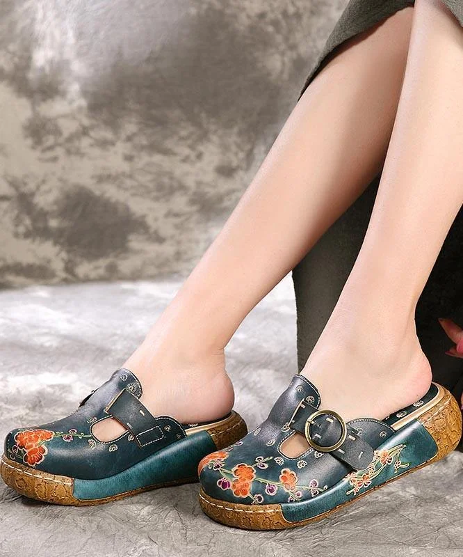 Unique Embossed Platform Slippers Shoes Blue Cowhide Leather