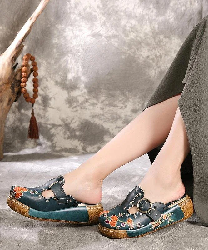 Unique Embossed Platform Slippers Shoes Blue Cowhide Leather