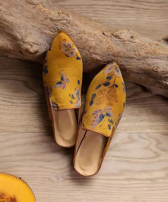 Vintage Floral Chunky Yellow Sheepskin Pointed Toe Slide Sandals