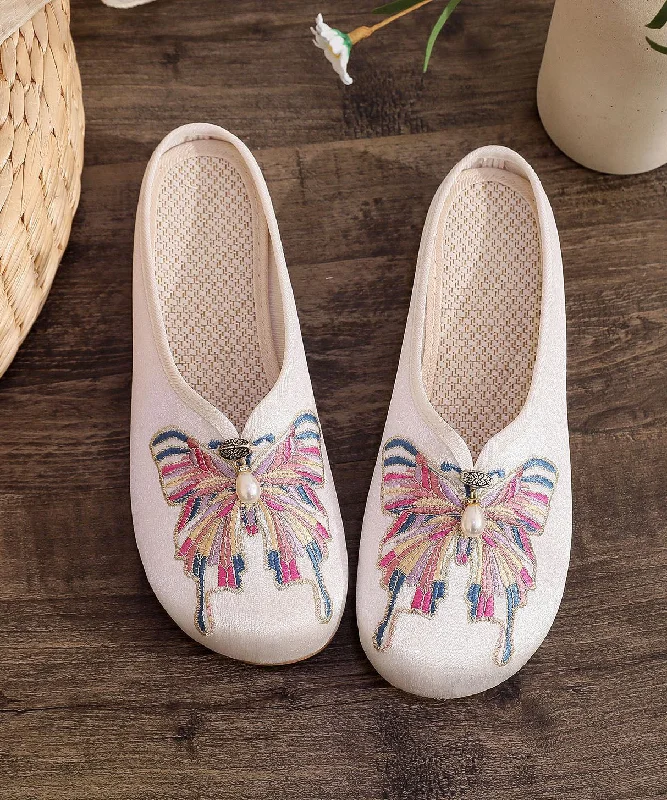 White Flat Slide Sandals Women Cotton Fabric Soft Splicing Embroidered