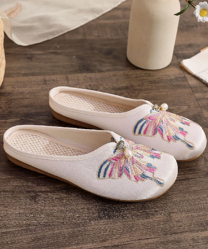 White Flat Slide Sandals Women Cotton Fabric Soft Splicing Embroidered