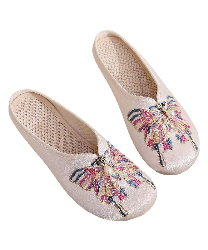 White Flat Slide Sandals Women Cotton Fabric Soft Splicing Embroidered