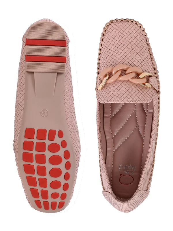 Women Pink Basket Weave Textured Loafers