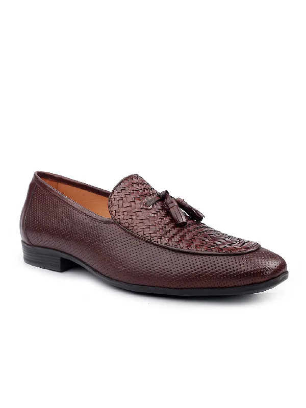 Men Brown Perforated Woven Loafers