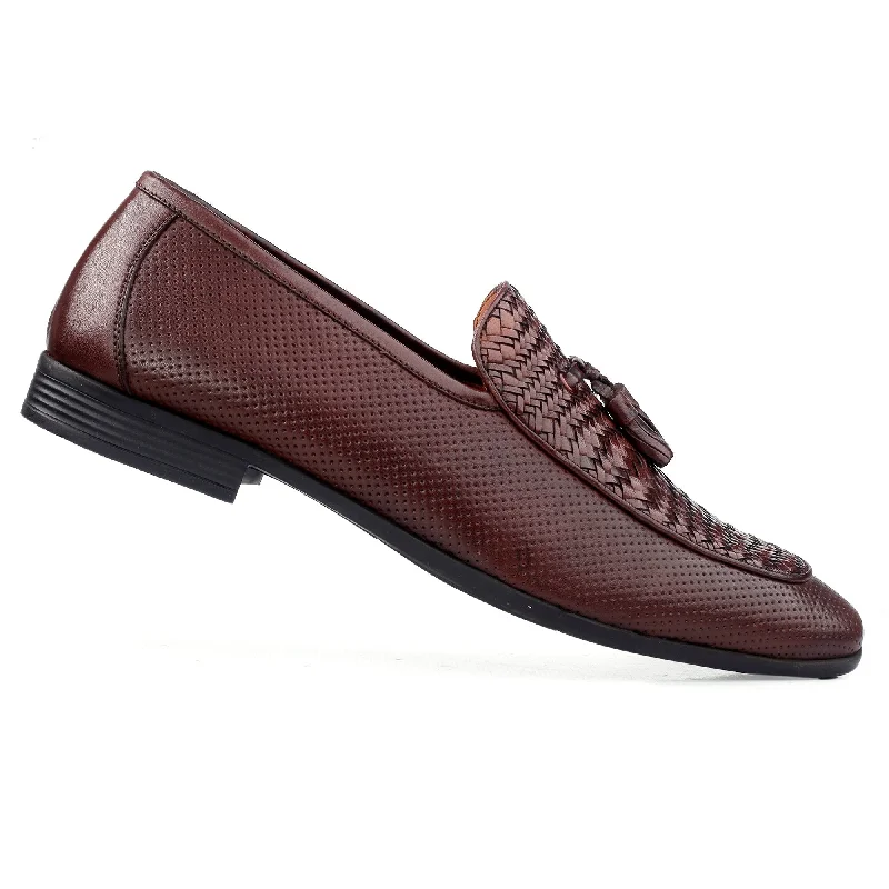 Men Brown Perforated Woven Loafers