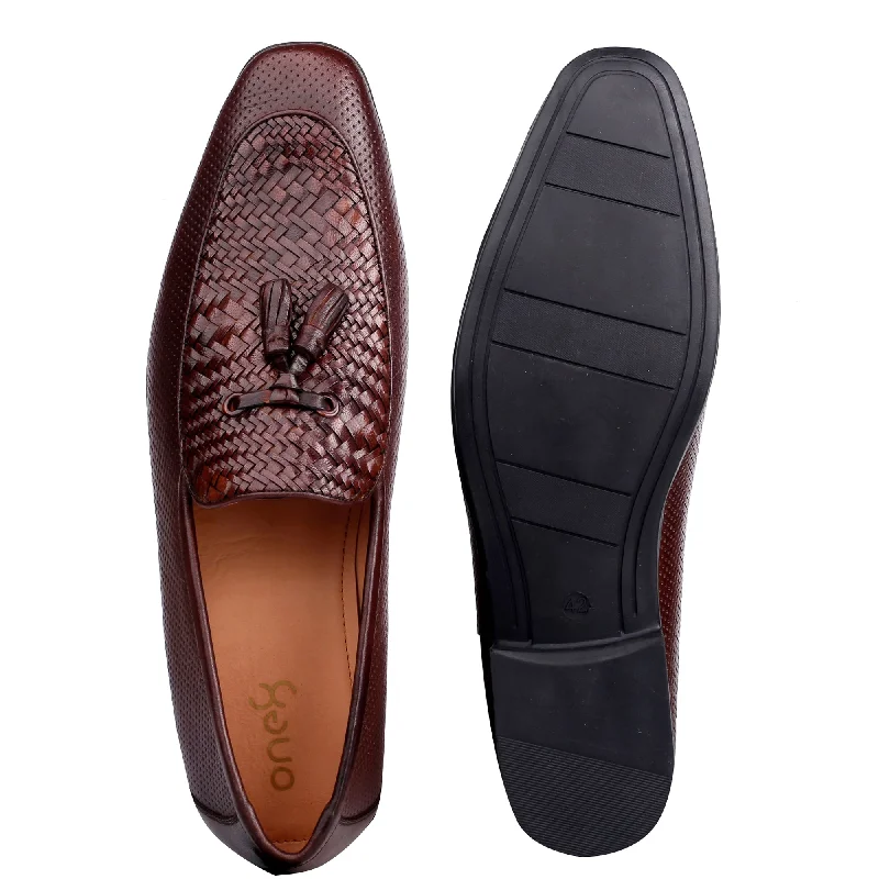 Men Brown Perforated Woven Loafers