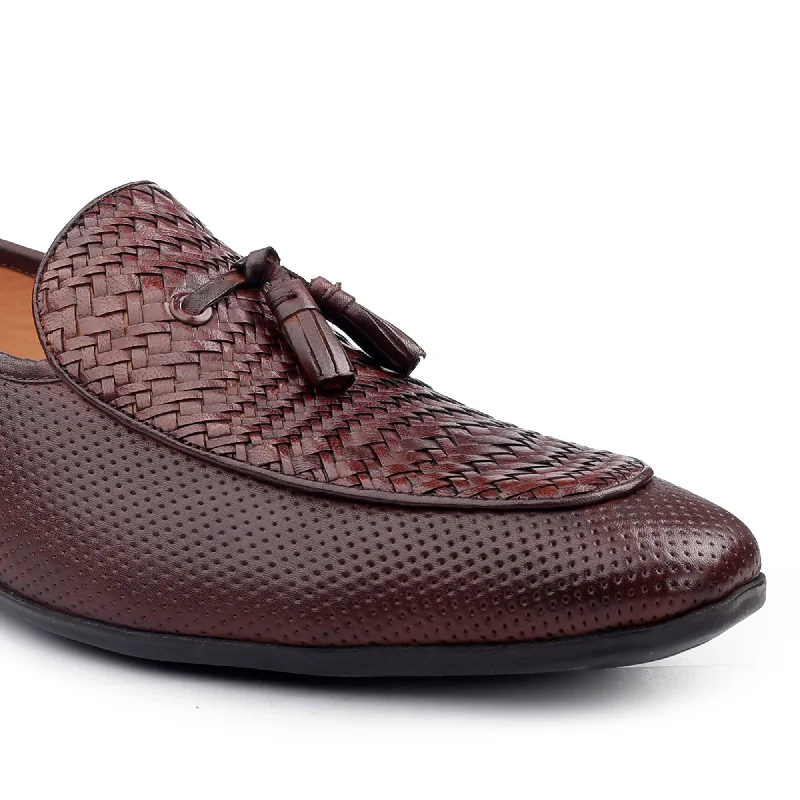 Men Brown Perforated Woven Loafers