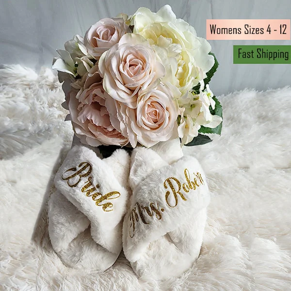 BluChi Cute Fluffy Slippers for Women - Personalized Bridesmaid Slippers in Sizes XS to XL - Custom Bride Gift