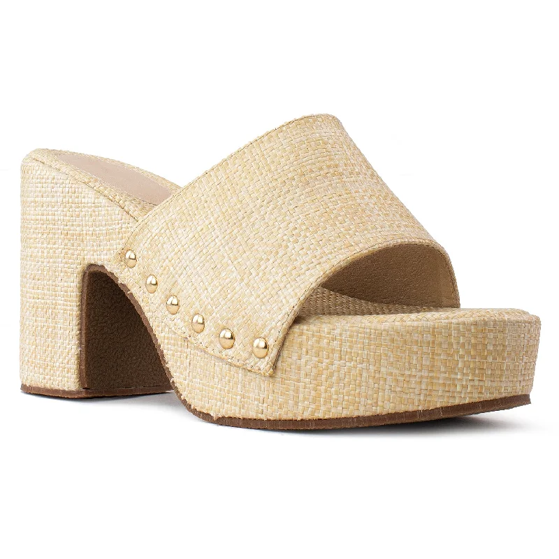 Slip On Chunky Heel Peep Toe Mule Sandals BEIGE RAFFIA