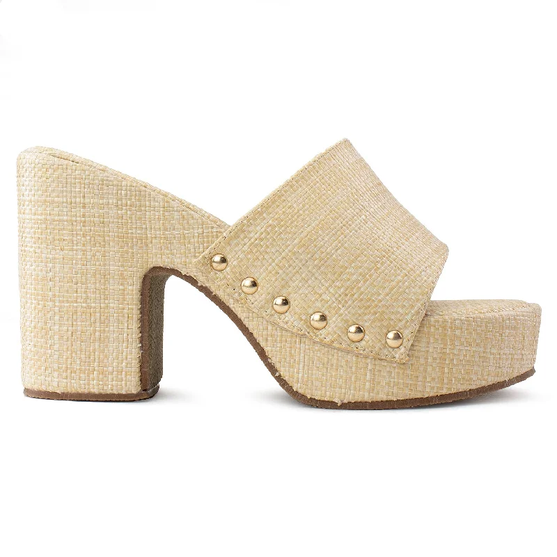 Slip On Chunky Heel Peep Toe Mule Sandals BEIGE RAFFIA