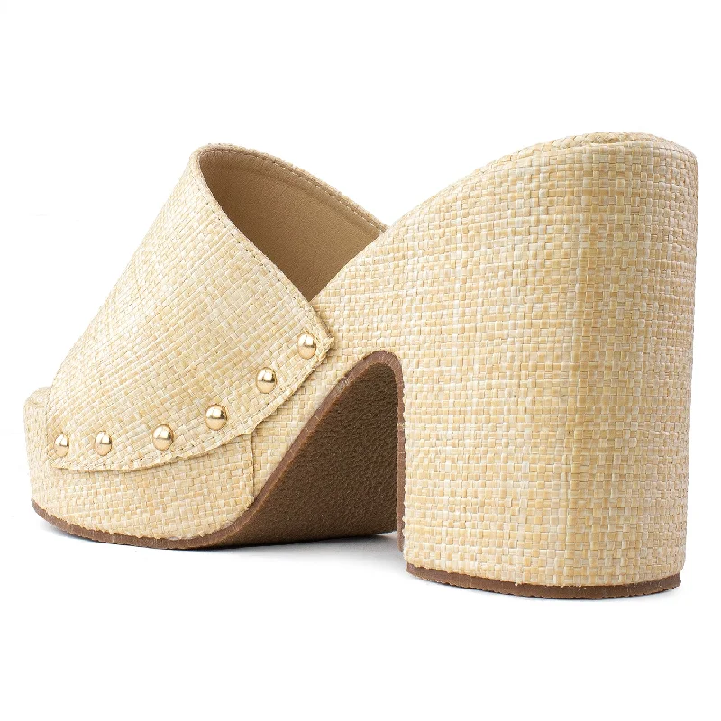 Slip On Chunky Heel Peep Toe Mule Sandals BEIGE RAFFIA