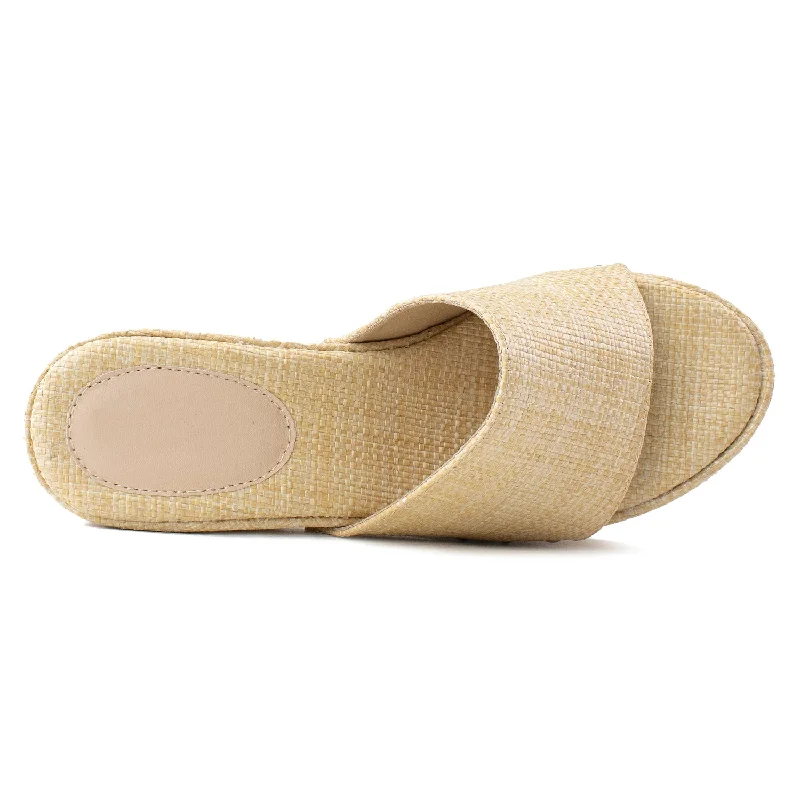 Slip On Chunky Heel Peep Toe Mule Sandals BEIGE RAFFIA