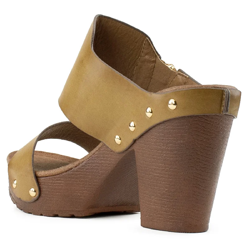 Double Band Faux Wood Chunky Heel Mules BEIGE