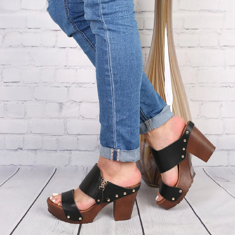 Double Band Faux Wood Chunky Heel Mules BLACK