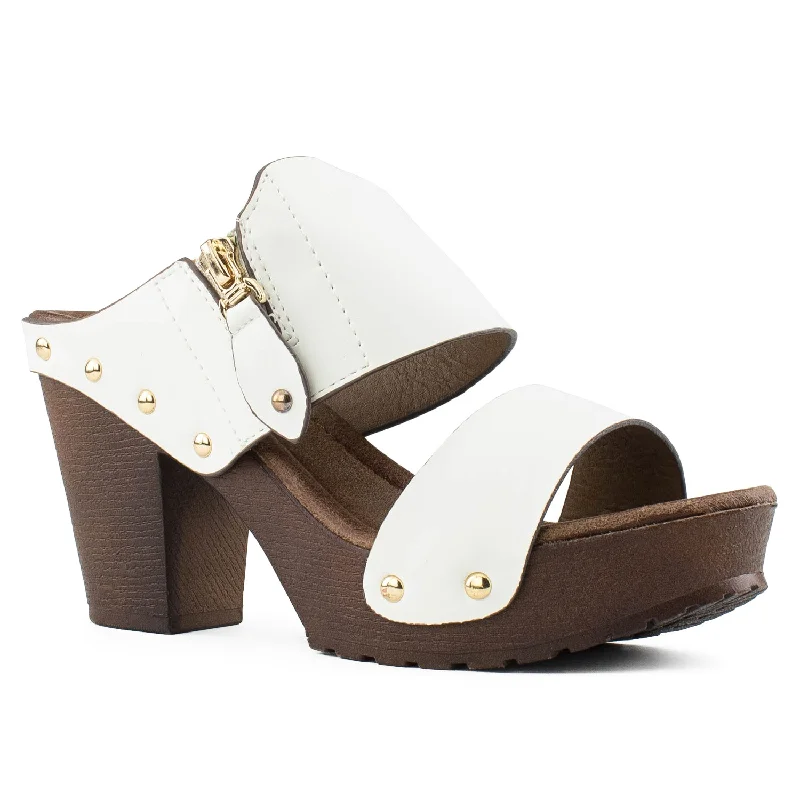 Double Band Faux Wood Chunky Heel Mules WHITE