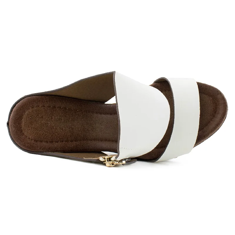 Double Band Faux Wood Chunky Heel Mules WHITE