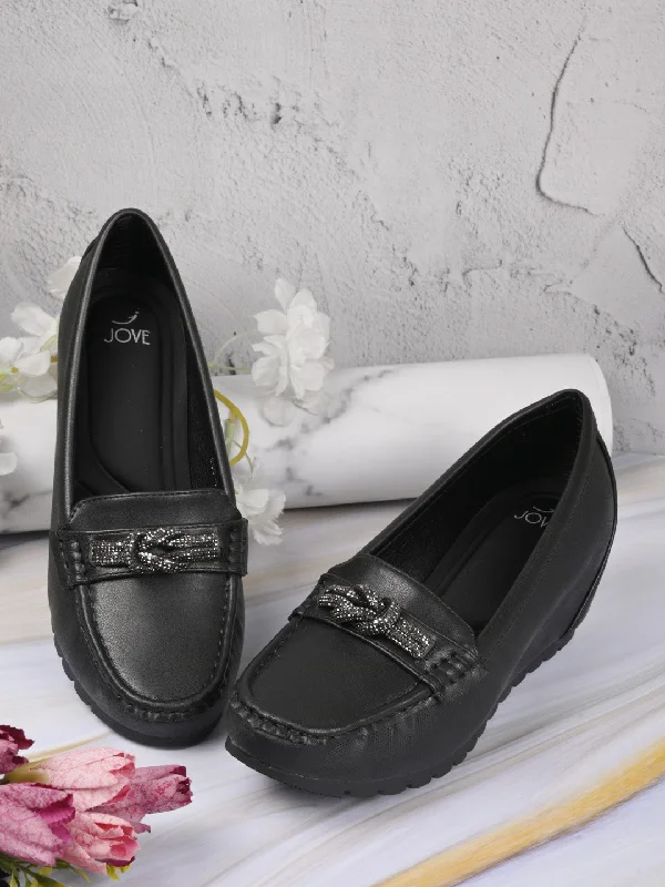 Women Black Western Embellished Wedge Heel Loafers