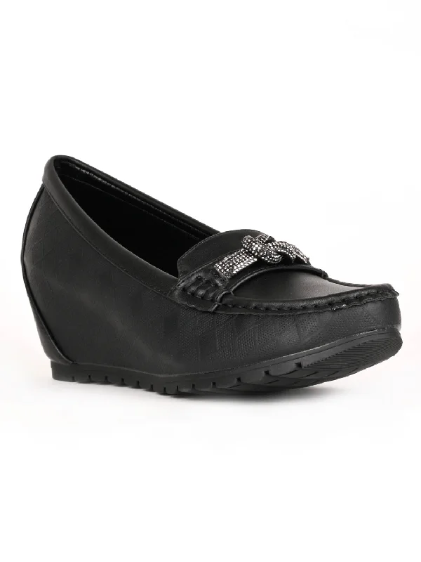 Women Black Western Embellished Wedge Heel Loafers