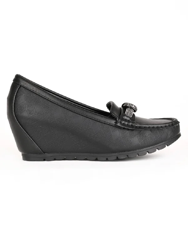 Women Black Western Embellished Wedge Heel Loafers