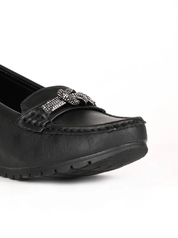 Women Black Western Embellished Wedge Heel Loafers