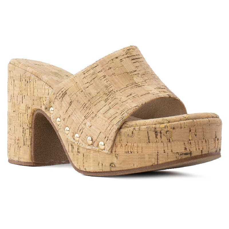 Slip On Chunky Heel Peep Toe Mule Sandals CORK