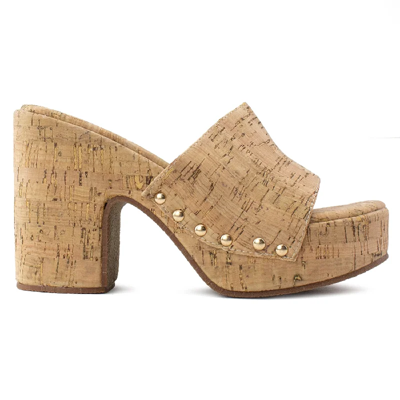 Slip On Chunky Heel Peep Toe Mule Sandals CORK